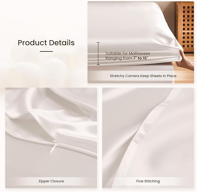 THXSILK 6A+ Top Grade 100% Pure Mulberry Silk Queen Fitted Sheet 3Pcs Set Bed Sheets Luxury Bedding for Hair and Skin Breathable Cooling Safe Material, 1 Fitted Sheet with 2 Pillowcases, Pearl White