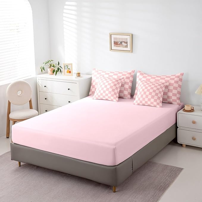 Feelyou Checkered Retro 7 Piece Bedding Set Teen Women Men Pink Gradient Plaid Comforter Set with Sheets Full Size Kids Boys Geometric Vintage Bed in a Bag Modern Simple Groovy Aesthetic Room Decor