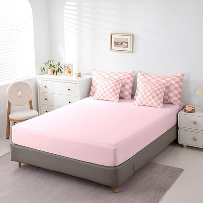 Feelyou Checkered Retro 7 Piece Bedding Set Teen Women Men Pink Gradient Plaid Comforter Set with Sheets Full Size Kids Boys Geometric Vintage Bed in a Bag Modern Simple Groovy Aesthetic Room Decor