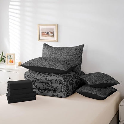 Comforter Set King Size, Black Damask Aztec 7 Pcs Bedding for Kids and Adults, Antique Decor Western Baroque Gothic Bed Sheet Sets with Fitted Sheet 2 Pillowcases & 2 Shams for Bedroom Bed Decor