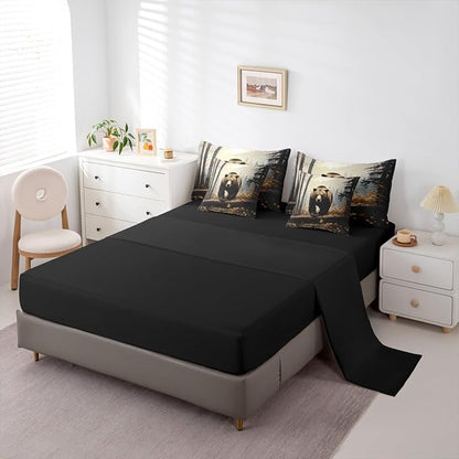 Erosebridal Nature Forest Bear 7- Piece Bedding Set Queen Size | Grizzly Brown Bear Comforter Set with Sheets for Kids Teens Adults Woodland Wild Animal Bed in A Bag Country Rustic Farmhouse Bed Sets