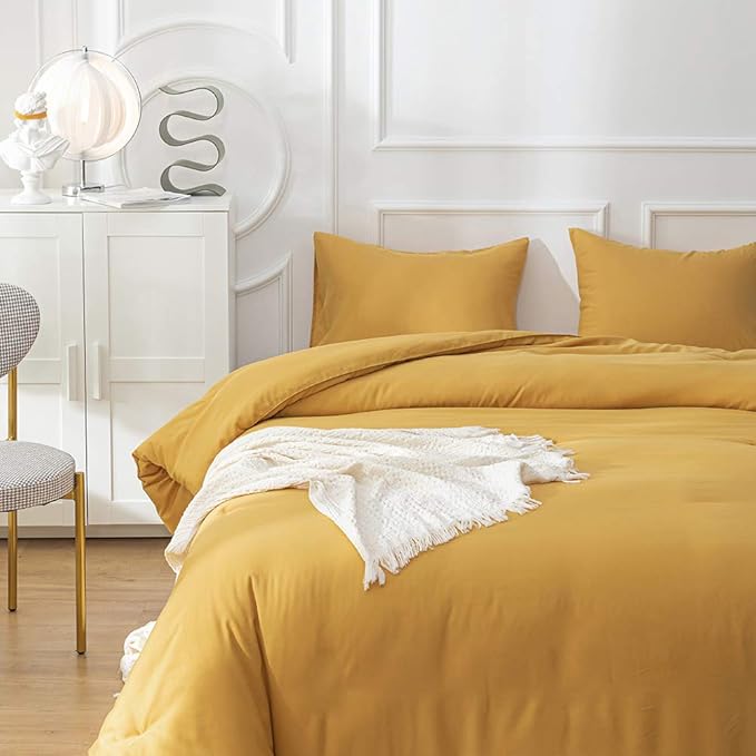 CLOTHKNOW Mustard Yellow Full Comforter Set 3Pcs Dark Yellow Bedding Comforter Sets Turmeric Comforter Full Size Soft Yellow Comforter Sets Full