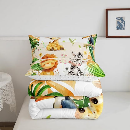 jejeloiu Kids Zoo Animal Bedding Set Queen Size Cute Animal Comforter Set for Boys Girls Teens Lion Giraffe Elephant Duvet Set Tropical Leaves Quilt Set 3Pcs