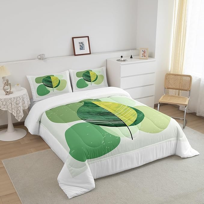 Erosebridal Green Modern Bedding Set Queen Mid Century Comforter Set, Hippie Minimalist Duvet Insert Abstract Leaves Down Comforter, Aesthetic Geometric Bedding Comforter Sets White Bedroom Decoration