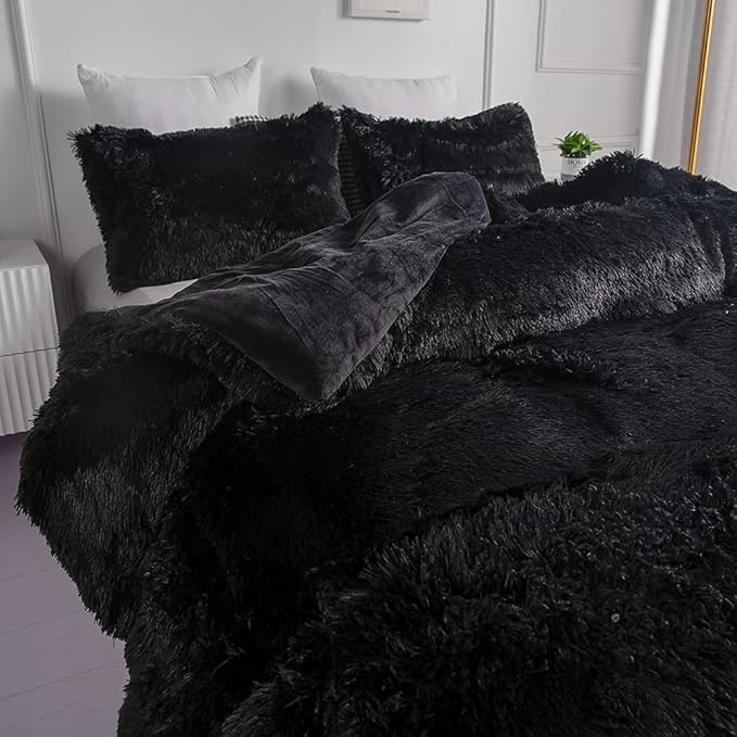 chovy Faux Fur Plush Black Comforter Sets Twin/Full Size - Ultra Soft Shaggy Flannel Velvet Fluffy Fuzzy 3PC Bedding Set （Comforter x 1 Pillowcases x 2）