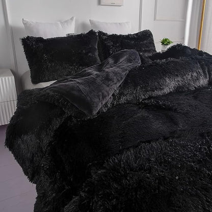 chovy Faux Fur Plush Black Comforter Sets Full/Queen - Ultra Soft Shaggy Flannel Velvet Fluffy Fuzzy 3PC Bedding Set （Comforter x 1 Pillowcases x 2） 1