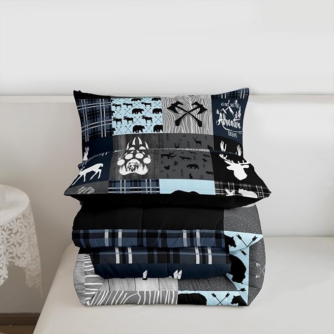 Cabin Retro Rustic Lodge Quilt Full Size, Bear Deer Country Comforter Set For Kids Boys Teens Bedroom Decor, Hunting Wild Animal Bedding Plaid Checkered Adventure Down Comforter With 2 Pillow Cases