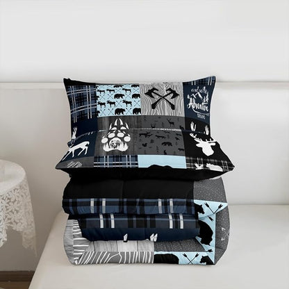 Cabin Retro Rustic Lodge Quilt King Size, Bear Deer Country Comforter Set For Kids Boys Teens Bedroom Decor, Hunting Wild Animal Bedding Plaid Checkered Adventure Down Comforter With 2 Pillow Cases