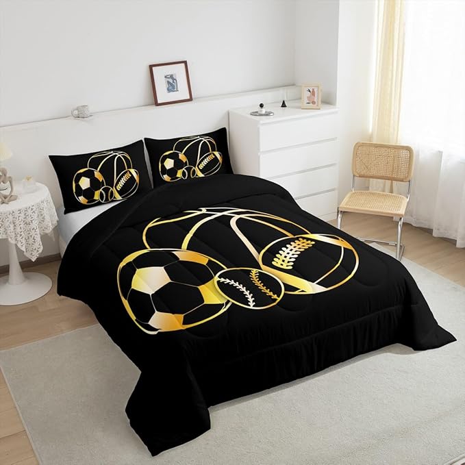 Feelyou Football Sports Comforter Set King Size Soccer Ball Game Comforter for Boys Girls Teens Basketball Bedding Set Baseball Duvet Set Room Decor Dull Black Mixed Ball Quilt Set