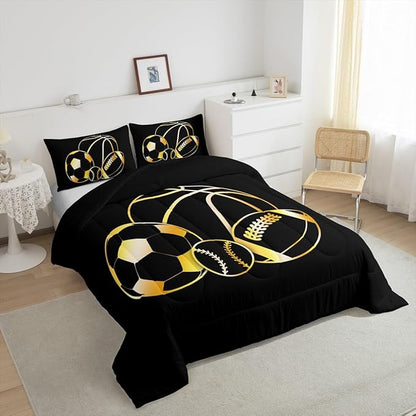 Feelyou Football Sports Comforter Set Full Size Soccer Ball Game Comforter for Boys Girls Teens Basketball Bedding Set Baseball Duvet Set Room Decor Dull Black Mixed Ball Quilt Set