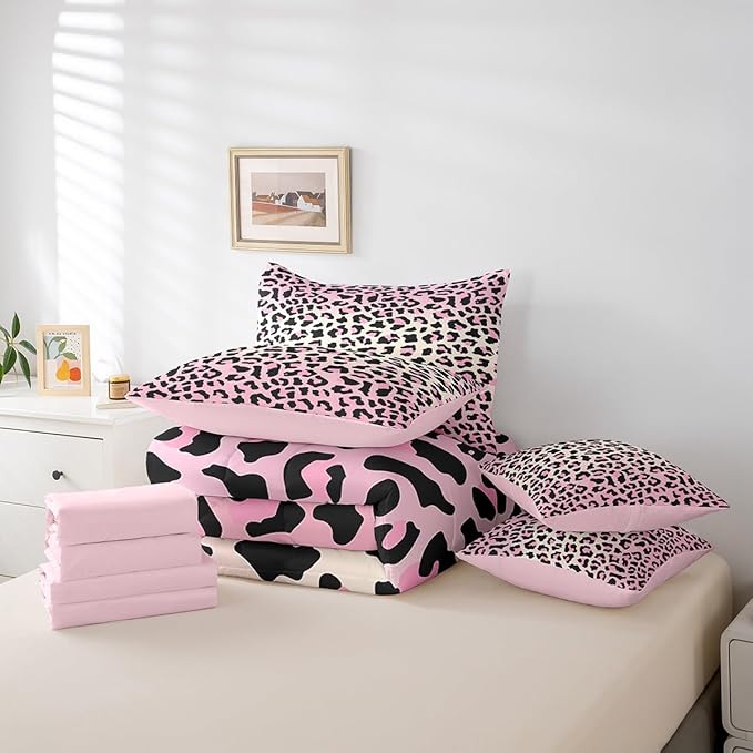 Feelyou Pink Leopard Bedding Set for All Season Cheetah 7 Pieces Comforter Sets Twin Size Teens Room Decor Animal Print Bed in a Bag with Comforter, Sheets, Pillowcases & Cushion Cover