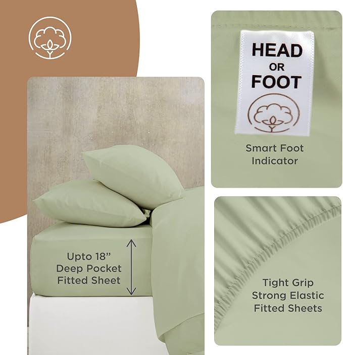 Olympic Queen Sheets Set, 100% Egyptian Cotton, Luxury 600 Thread Count, 4 Pc Super Queen Sheets Sets, Soft & Breathable, Snug Fit, 16" Deep Pocket Fitted Sheet, 2 Pillowcases & 1 Flat Sheet, Sage
