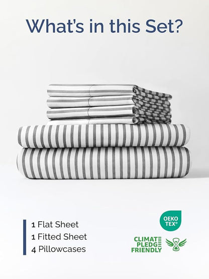 Extra Deep Queen Sheet Set - 6 Piece Breathable and Cooling Sheets - Hotel Luxury Bedding for Women, Men, Kids & Teens - Easy Secure Fit - Soft and Wrinkle Free with Extra Deep Pockets - Grey Stripes