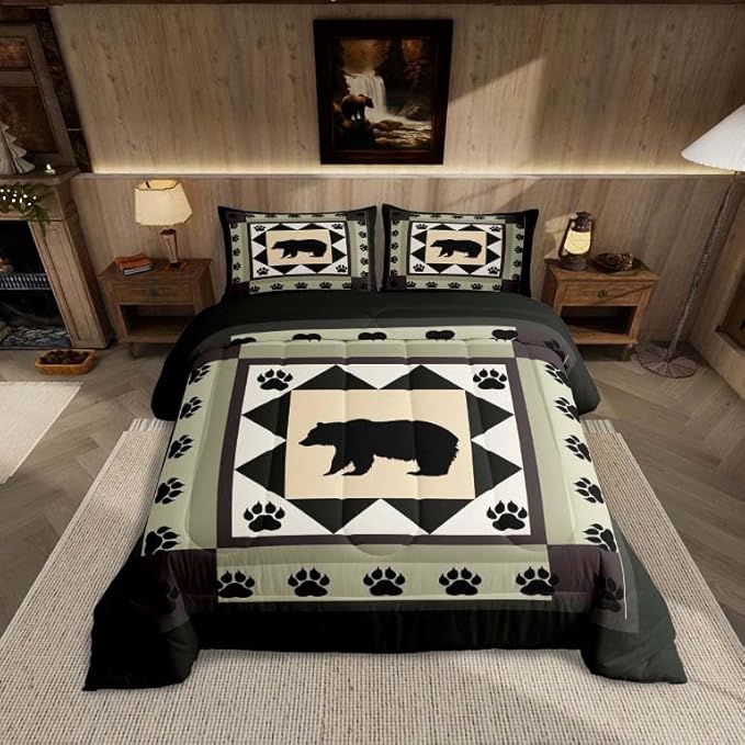 Feelyou Western Rustic Bear Print Queen Size Comforter Set,Wild Animal Hunting Theme Bedding Comforters Bedroom Collection, Rustic Cabin Country Decor Bedding Set for Girls Teens with 2 Pillowcases