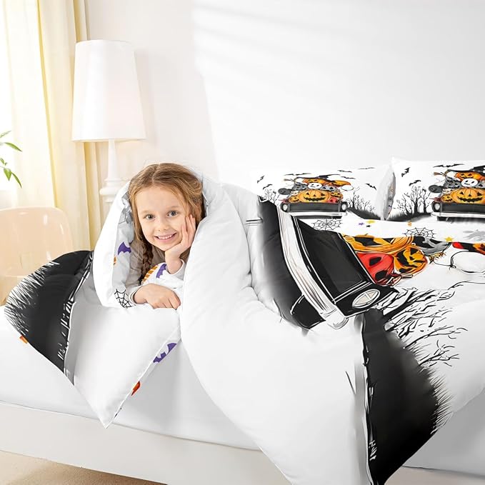 Erosebridal Halloween Decorations Comforter Set, Halloween Pumpkin Bedding Set Queen for Kids Boys Teens Men Gothic Room Decor, Fall Pumpkin Comforter, Black Bat Ghost Orange White Black Quilt