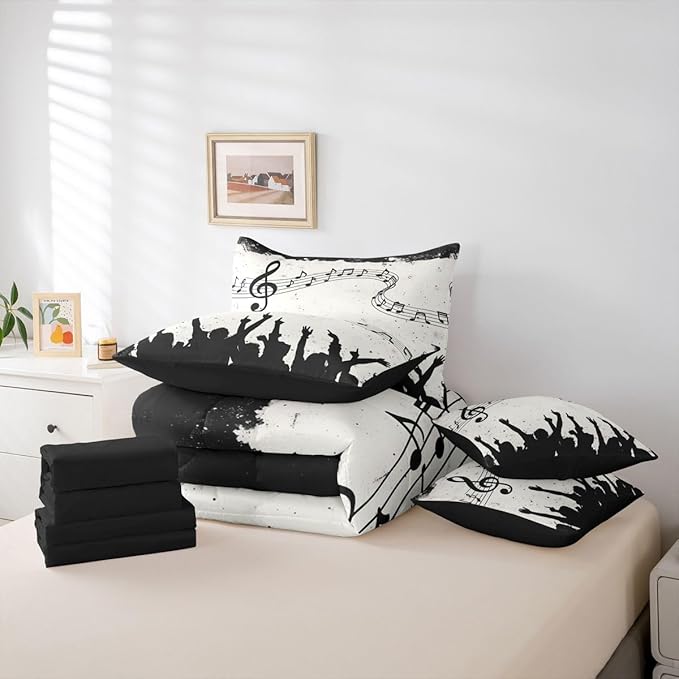 Erosebridal Music Stave Note Black Beige King 7-Piece Comforter Set | Swirl Guitar Piano Sheets and Pillowcases Aesthetic Kids Bed in A Bag Adults Women Men Bed Sets