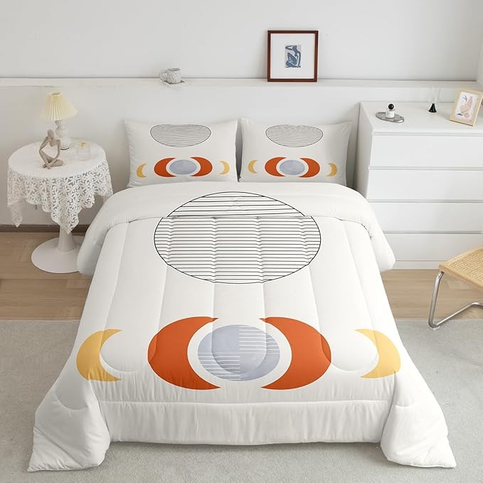 Erosebridal Mid Century Comforter Set Queen Abstract Moon Bedding Set, Striped Down Comforter White Aesthetic Bed Set, Retro Minimalism Quilted Duvet Modern Art Bedroom Decor Ultra Soft 3pcs