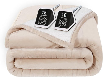 Westinghouse Electric Heated Blanket - Queen Size, Soft Flannel to Sherpa, 10 Heating Levels, 12 Hour Auto Off, Machine Washable, 84x90 Inch, Beige