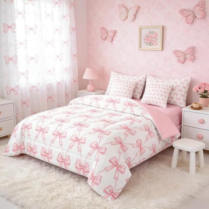 Feelyou Cute Pink Bow Comforter Set Queen Size, Pink Girls Bow 7 Pcs Bedding Set for Kids, Dreamy Bowknot Princess Bed in a Bag, Bed Sheet Sets with Fitted Sheet Pillowcases for Bedroom Bed Decor