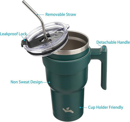 30 oz Tumbler with Handle and 2 Straw 2 Lid, Insulated Water Bottle Stainless Steel Vacuum Cup Reusable Travel Mug,Army Green