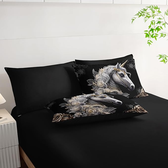 7 Piece King Size Horse Comforter Set with Sheets，King Horse Bedding Sets for Girls (1 Comforter, 1 Flat Sheet, 1 Fitted Sheet, 2 Pillowcase and 2 Pillow Sham)