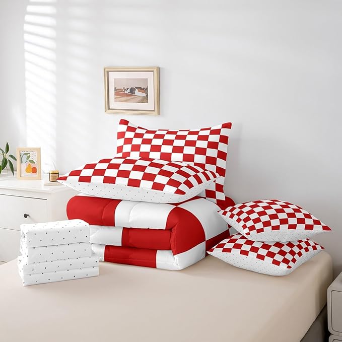Feelyou Checkered Retro 7 Piece Bedding Set Teen Women Men Red White Plaid Comforter Set with Sheets King Size Kids Boys Geometric Vintage Bed in a Bag Modern Simple Groovy Aesthetic Room Decor