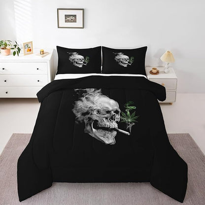 Erosebridal Smoky Skull Comforter Set Full,Green Leaves Bedding for Kids Teens Adult,Gothic Skeleton Down Comforter, Plant Tropical Botanical Bedding Comforter Sets,All Season