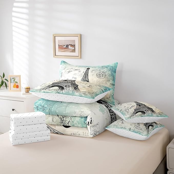 Feelyou Eiffel Tower Comforter Set Twin Size 7 Pcs Girls Chic Vinatge French Comforter Bed in a Bag Paris Cityscape Bedding Set Women Eiffel Tower Lover Bed Set with Sheets, Pillowcases, Pillow Covers