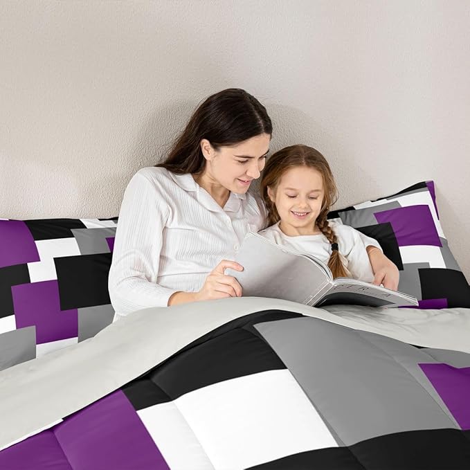 Castle Fairy Purple Grey Black Kids Comforter Set King Size,Geometric Grid Square Splicing Down Alternative Adults Bedroom Decor,Modern Abstract Ultra Soft Microfiber Inner Fill 3 Pcs Bedding