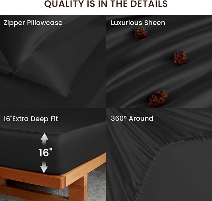THXSILK Luxury Mulberry Silk Fitted Sheet Set 3 Pcs, Queen Silk Bed Sheet Set with 16" Deep Pockets, Soft & Cooling Sheets, 1 Fitted Sheet, 2 Pillowcases with Zipper Closure - Black