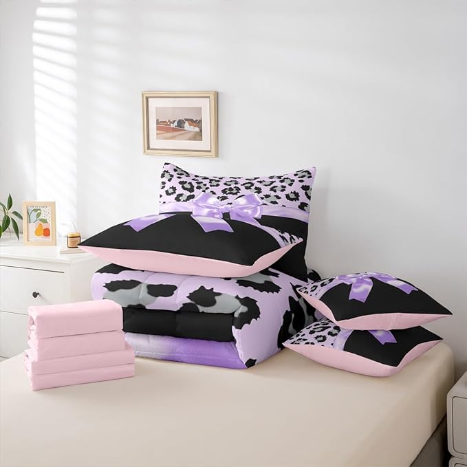 Feelyou Purple Silk Bowknot 7 Piece Bedding Set Queen Size Grey Leopard Comforter Set with Sheets for Kids Girls Women Black Purple Bed in a Bag Sweet Romantic Bed Set