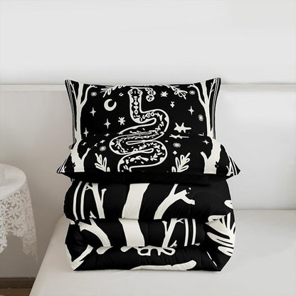Erosebridal Halloween Gothic Full Bedding Set, Goth Snake Comforter Set for Kids Boys Girls Teens Women Men Retro Halloween Decor, Sun and Moon Black Comforter, Terror Theme Black Goth Quilt