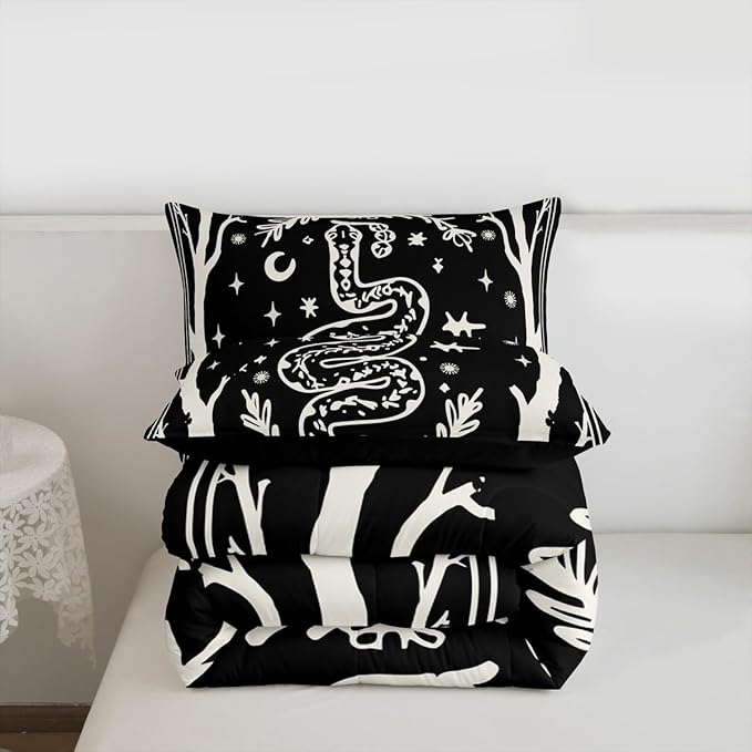 Erosebridal Halloween Gothic Toddler Bedding Set, Goth Snake Comforter Set for Kids Boys Girls Teens Women Men Retro Halloween Decor, Sun and Moon Black Comforter, Terror Theme Black Goth Quilt