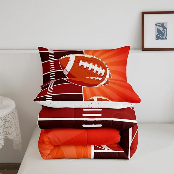 Feelyou Rugby Comforter Set Queen Size Sports Themed Comforter for Boys Girls Teens Football Bedding Set Gift for Football Lover Duvet Set Orange and Brown Quilt Set