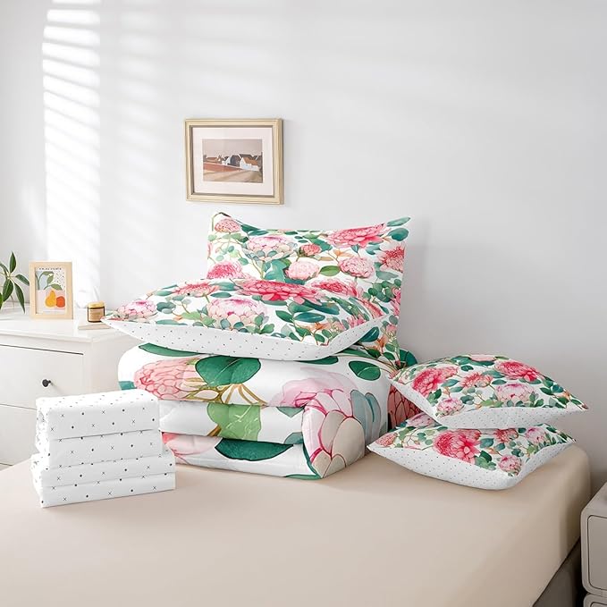 Feelyou Flower Comforter Set Queen Size 7 Pieces Palm Leaf Bedding Set for All Season Floral Blossom Tropical Botanical Nature Decor Bed in a Bag with Comforter, Sheets, Pillowcases & Cushion Cover