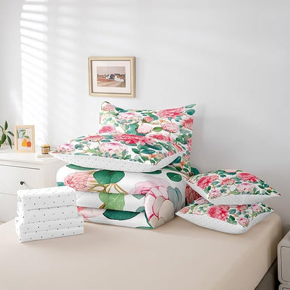 Feelyou Flower Comforter Set King Size 7 Pieces Palm Leaf Bedding Set for All Season Floral Blossom Tropical Botanical Nature Decor Bed in a Bag with Comforter, Sheets, Pillowcases & Cushion Cover