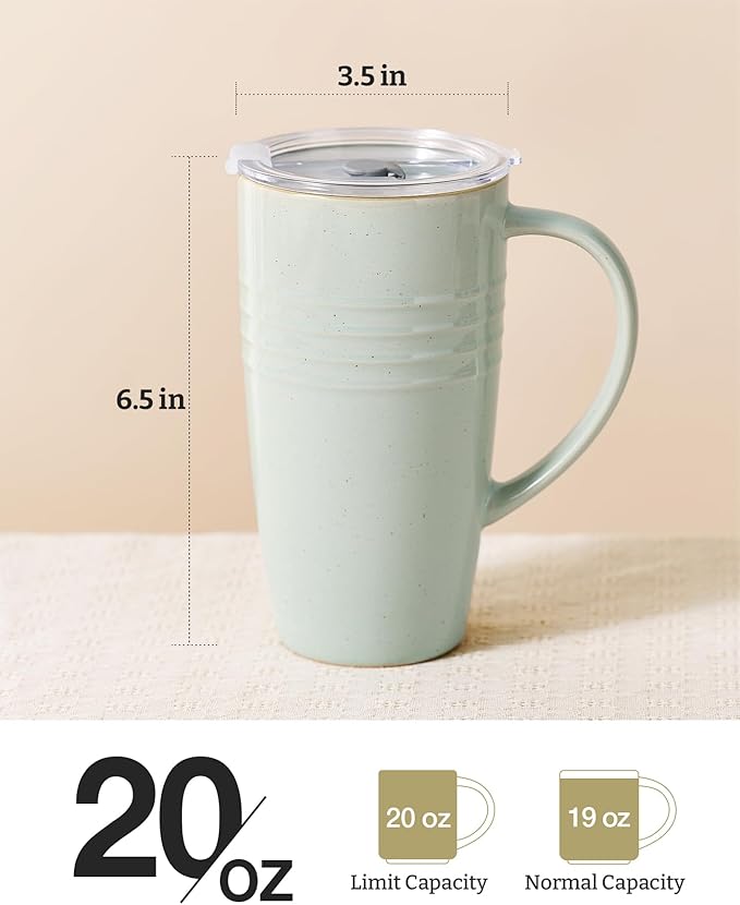 famiware Jupiter Large Coffee Mug, 20oz Coffee Mug with Lid, Ceramic Cup with Handle for Latte, Tea, Cocoa, Milk, Home & Office, Microwave and Dishwasher Safe, Light Green