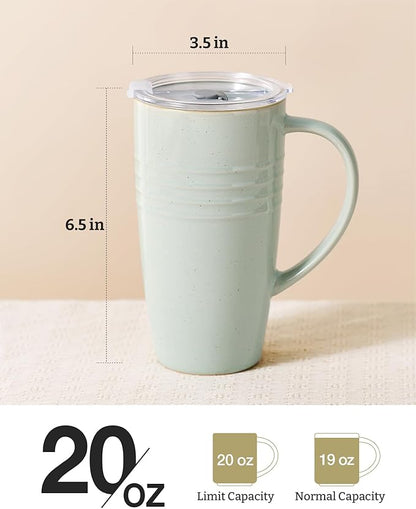 famiware Jupiter Large Coffee Mug, 20oz Coffee Mug with Lid, Ceramic Mugs Set of 2, Cup Set with Handle for Latte, Tea, Cocoa, Milk, Microwave and Dishwasher Safe, Light Blue and Light Green