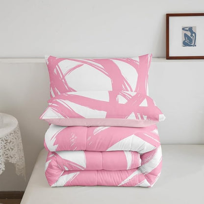 Pink and White Striped Bedding Set Full Size for Adults Youth Teens,Contemporary Boho Modern Art Comforter Set,Graffiti Stripes Lines Quilt,Aesthetic Geometric Duvet Insert for Minimalists