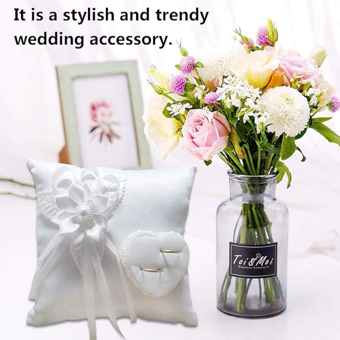Veemoon Lace Pearl Wedding Ring Bearer Pillow Holder, 7.9 Inch Ring Bearer for Wedding