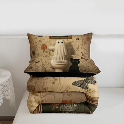Erosebridal Halloween Cat Queen Comforter Set, Halloween Ghost Bedding Set, Vintage Bohemia Comforter, Retro Antumn Funny Gothic Quilt for Kids Boys Girls Women Men Gothic Bedroom Decor, Microfiber