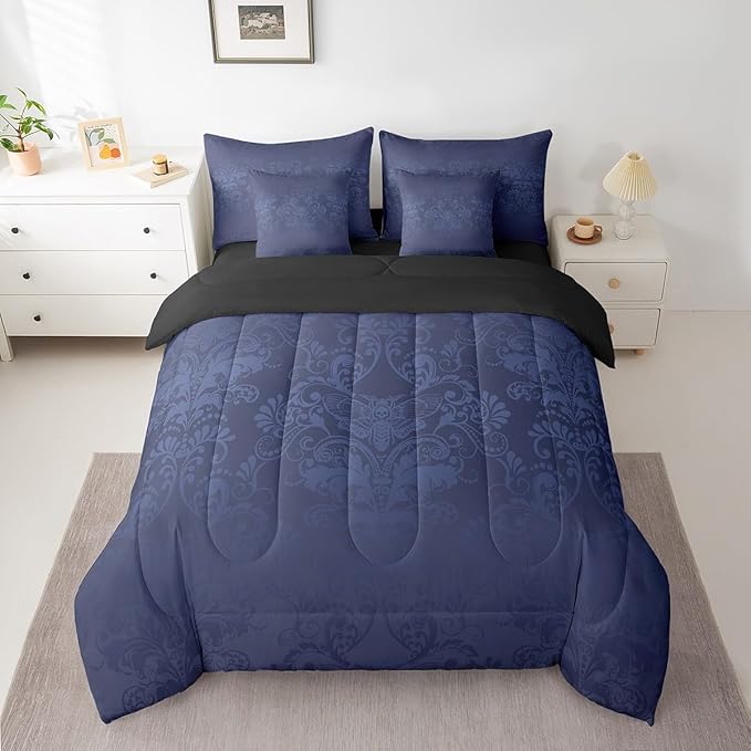 Erosebridal Gothic Damask Bed in a Bag Queen Comforter Set 7 Piece,Exotic Moth Bedding Sets Azure Blue Victorian Floral Goth Sheet Set with Comforter
