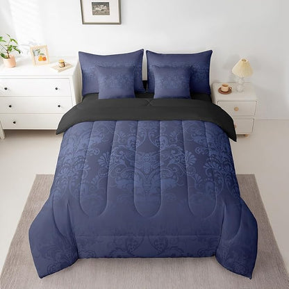 Erosebridal Gothic Damask Bed in a Bag King Size Comforter Set 7 Pieces,Exotic Moth Bedding Sets Azure Blue Victorian Floral Goth Sheet Set with Comforter