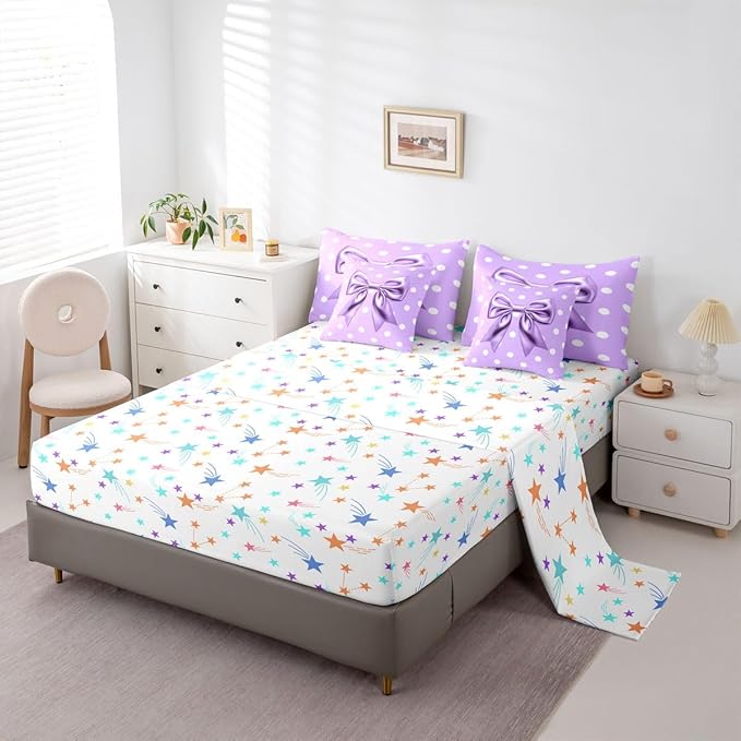 Feelyou Purple Bowknot 7 Piece Bedding Set Polka Point Comforter Set with Sheets for Kids Boys Girls Cute Bow Bed in a Bag Princess Theme Bed Set Soft Lightweight
