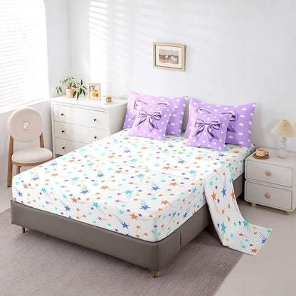 Feelyou Purple Bowknot 7 Piece Bedding Set Polka Point Comforter Set with Sheets for Kids Boys Girls Cute Bow Bed in a Bag Princess Theme Bed Set Soft Lightweight