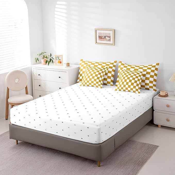 Feelyou Checkered 7 Piece Bedding Set Teen Yellow White Plaid Decoration Comforter Set with Sheets Twin Size Kids Boys Cute Retro Neutral Grid Geometric Bed in a Bag Vintage Aesthetic Room Decor