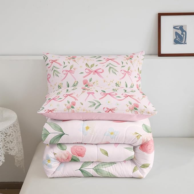 Feelyou Bow Bedding Set Boys Girls Full Size Pink Girls Bow Comforter Set Ultra Soft Cute Bowknot Comforter Floral Flower Duvet Set