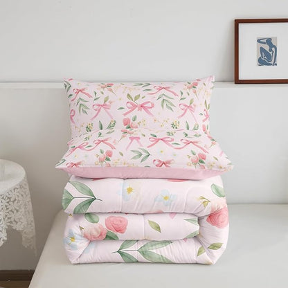 Feelyou Bow Bedding Set Boys Girls Twin Size Pink Girls Bow Comforter Set for Kids Women Men Ultra Soft Cute Bowknot Comforter Floral Flower Duvet Set Room Decor Kawaii Bow Quilt Set