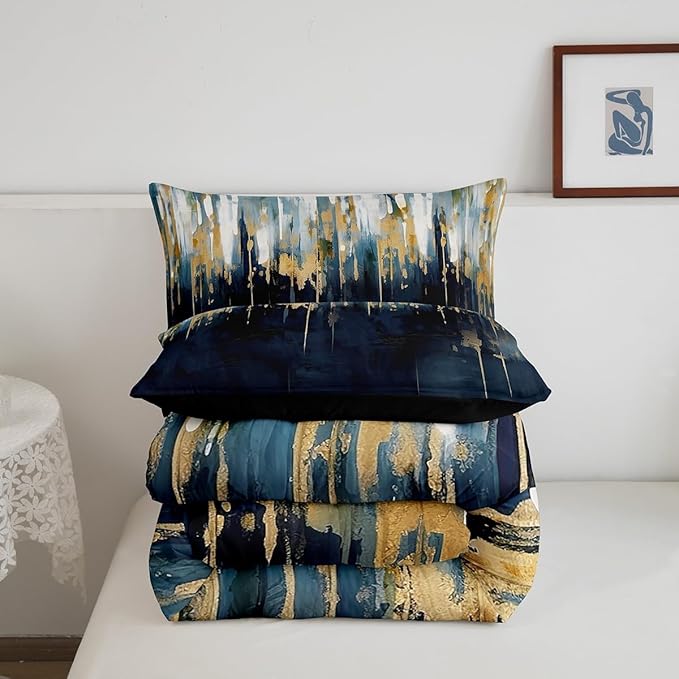 Erosebridal Navy Blue Comforter Full Graffiti Ombre Bedding Set, Brush Strokes Oil Painting Down Comforter Modern Contemporary Bed Set, Chic Vintage Abstract Gradient Quilted Duvet 3pcs