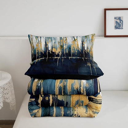Erosebridal Navy Blue Bedding King Graffiti Ombre Comforter Set, Brush Strokes Oil Painting Duvet Insert Modern Contemporary Down Comforter, Chic Vintage Abstract Gradient Bedding Comforter Sets 3pcs